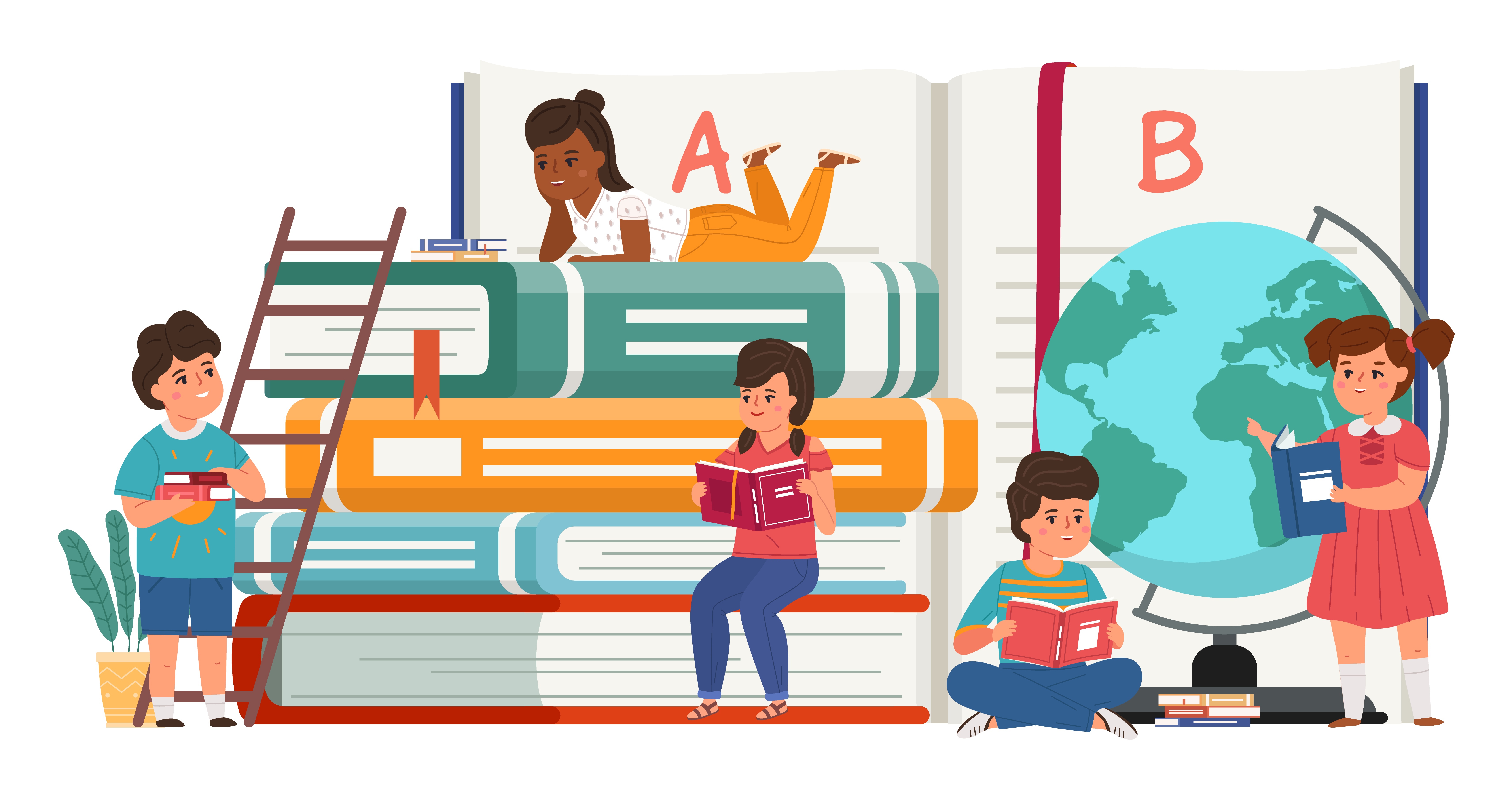Readers kids. Tiny people and huge stack of notebooks and globe. Children reading books, young literature fans get education, boys and girls learning knowledge. Vector school flat cartoon concept. Readers kids. Tiny people and huge stack of notebooks and globe. Children reading books, young literature fans get education, boys and girls learning knowledge. Vector school concept