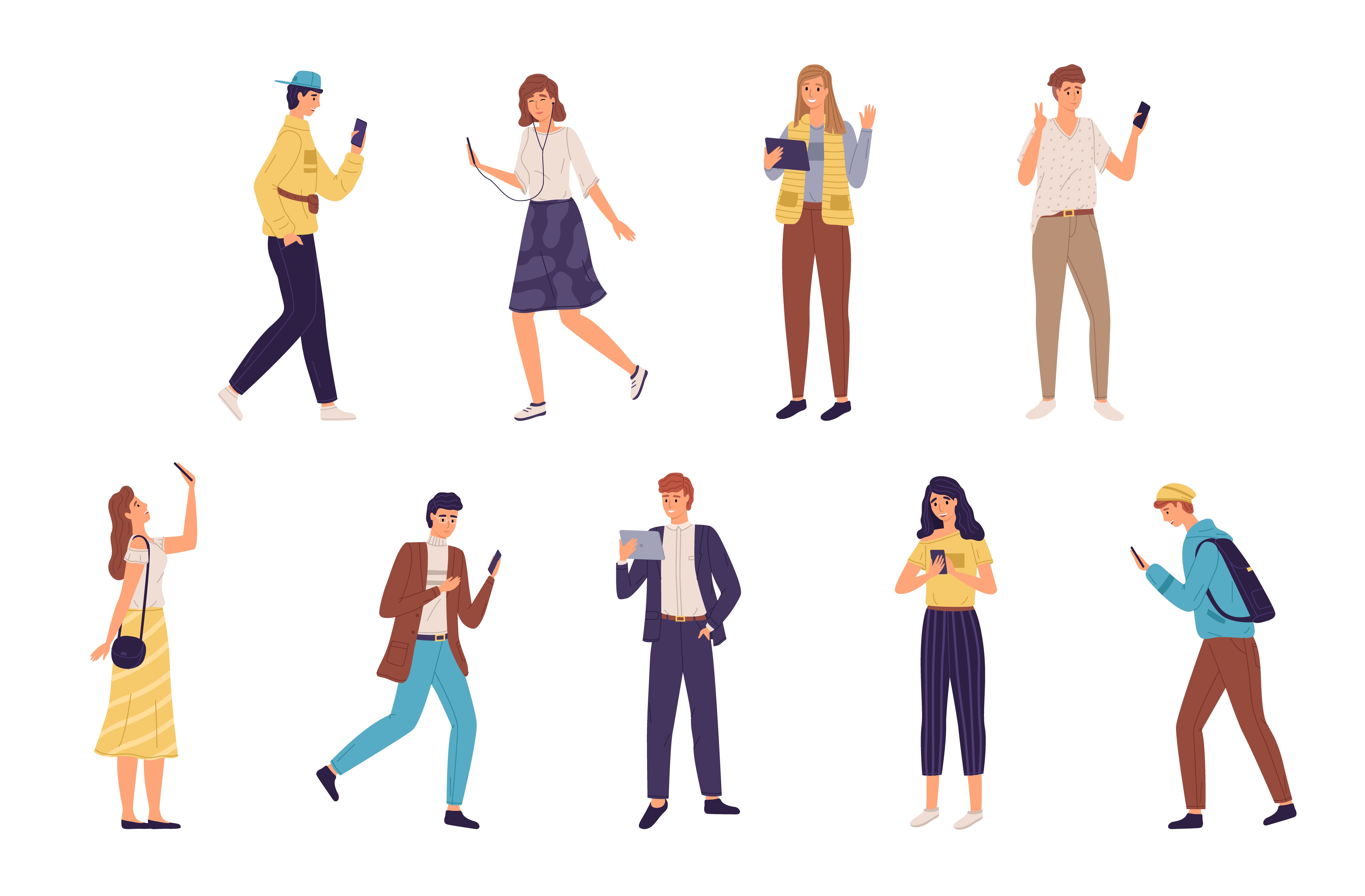 People with gadgets. Walking persons using mobile phones and devices, young men and women holding smartphones and tablets. Listening to music, making selfie, chatting. Vector isolated characters set. People with gadgets. Walking persons using mobile phones and devices, young men and women holding smartphones and tablets. Listening to music, making selfie, chatting. Vector characters