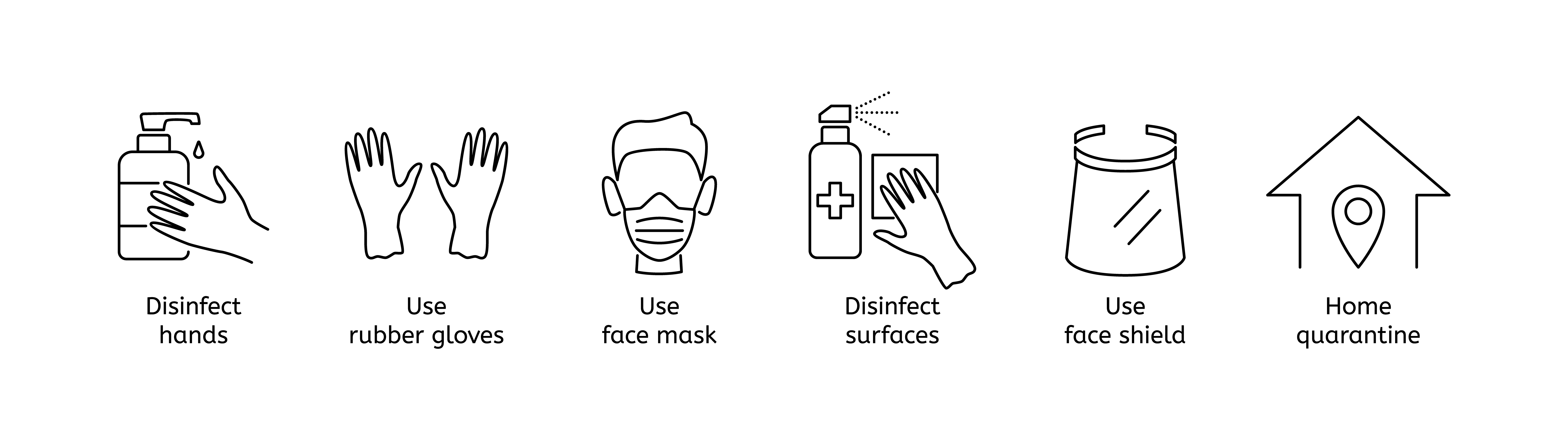 Coronavirus prevention line icons. Covid-19 protection outline symbol set, disinfect hand and surfaces, use gloves and medical mask, face shield, stay home at quarantine vector isolated illustration. Coronavirus prevention line icons. Covid-19 protection outline symbol set, disinfect hand and surfaces, use gloves and medical mask, face shield, stay home vector illustration