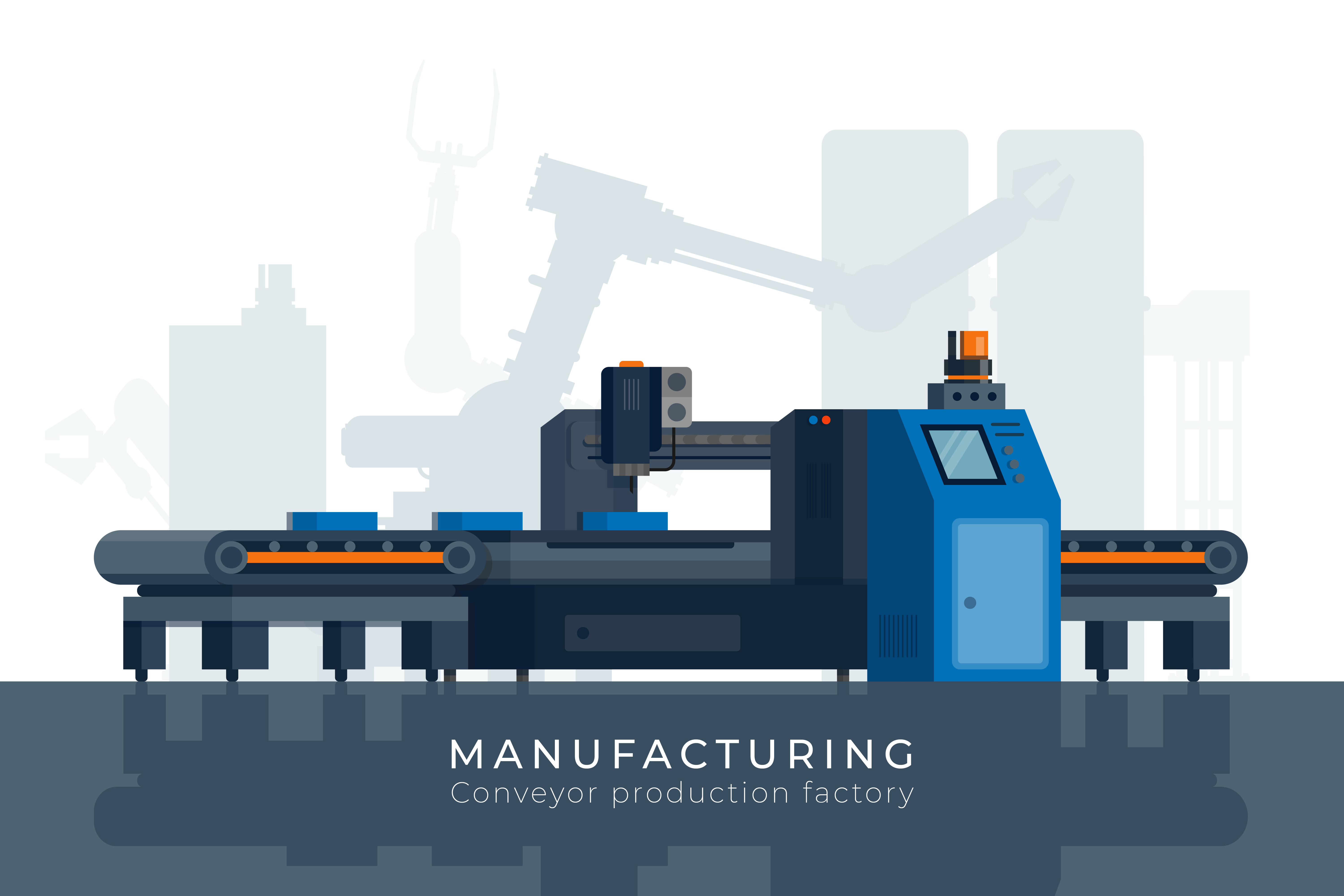 Manufacturing industrial conveyor belt, robotic automatic product processing. Conveyer production factory electronic technical equipment, robotic system, optimization technology flat vector concept. Manufacturing industrial conveyor belt, robotic automatic product processing. Conveyer production factory electronic equipment, robotic system, optimization flat vector concept