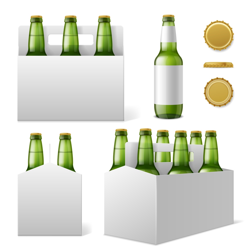 Beer bottles six pack. Realistic 3d green bottle with blank labels, special cardboard box with carrying handle, different angles drink packaging. Product advertising template vector isolated set. Beer bottles six pack. Realistic 3d green bottle with blank labels, special cardboard box with carrying handle, different angles drink packaging. Product advertising template vector set