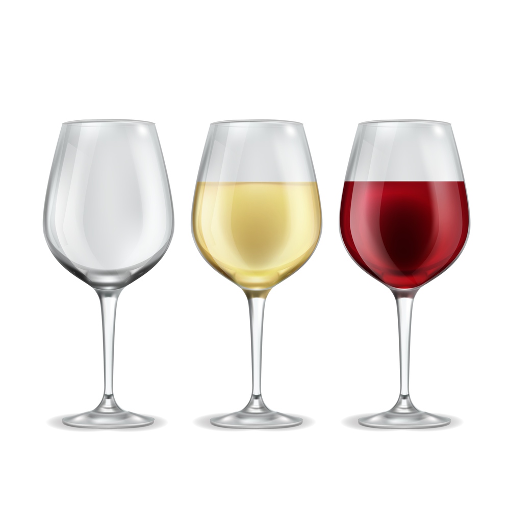 Wine glass. Empty with red or white grape beverage glasses, half filled alcoholic drink in elegant transparent wineglass. High detailed realistic winery collection, 3d vector isolated illustration. Wine glass. Empty with red or white grape beverage glasses, half filled alcoholic drink in elegant transparent wineglass. Realistic winery collection, 3d vector isolated illustration