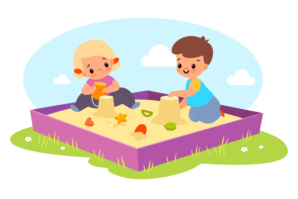 Kids in sandbox. Happy boy and girl play outdoor with sand and toys, children make cakes with plastic molds molds and bucket, funny babies games on playground. Vector bright cartoon isolated concept. Kids in sandbox. Happy boy and girl play outdoor with sand and toys, children make cakes with plastic molds molds and bucket, babies games on playground. Vector cartoon isolated concept
