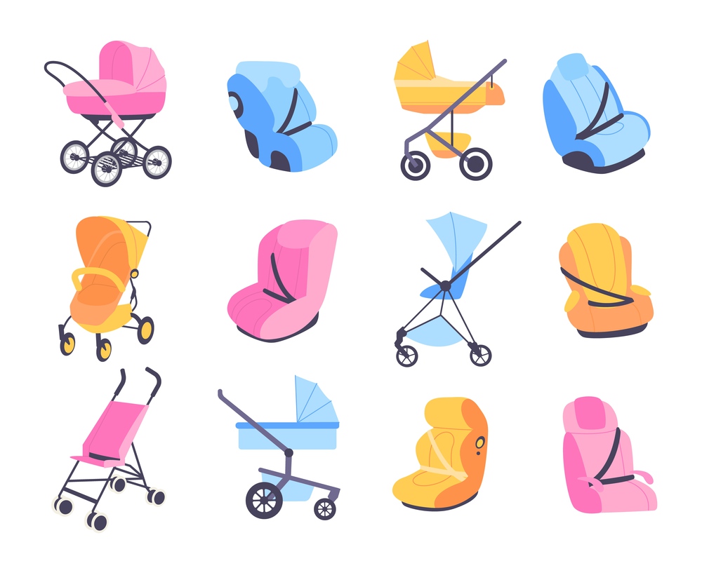 Childish strollers. Different baby buggies and car seats, blue pink and yellow perambulator or booster chair, seat belts, kids carriages cradles, transformers and universal vector cartoon isolated set. Childish strollers. Different baby buggies and car seats, blue pink and yellow perambulator or booster chair, kids carriages cradles, transformers and universal vector cartoon isolated set