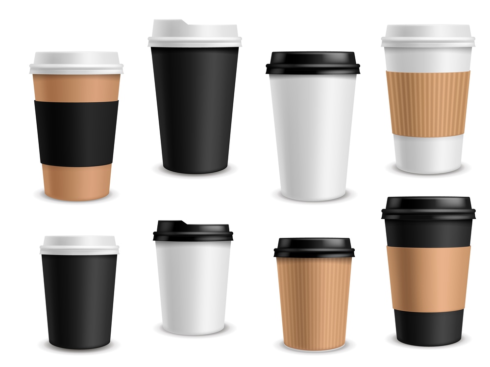 Coffee cups paper. Takeaway realistic cups white, black and brown container with lid for latte espresso or cappuccino drinks, morning aroma beverage in blank package and empty labels vector mockup set. Coffee cups paper. Takeaway realistic cups white, black and brown container for latte espresso or cappuccino drinks, morning aroma beverage in blank package and empty labels vector mockup set