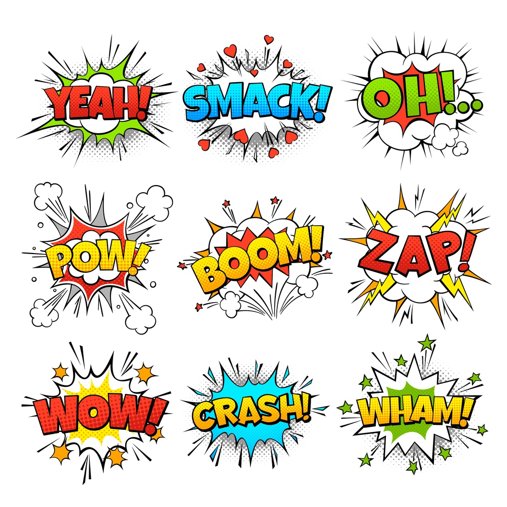 Funny comic words in speech bubble frames. Wow oh bang and zap thinking clouds. Lots of balloons of expression. Retro cartoon colorful communication sound effect halftone dot background vector set. Funny comic words in speech bubble frames. Wow oh bang and zap thinking clouds. Balloons of expression. Retro cartoon colorful communication sound effect halftone dot background vector set