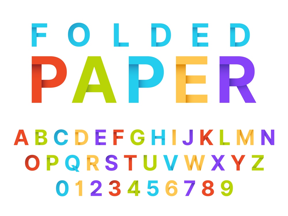 Paper folding alphabet. Origami style color english language font, craft letters and numbers, decorative modern typography papercraft symbols. Creative trendy typeface with shadows vector isolated set. Paper folding alphabet. Origami style color english language font, craft letters and numbers, decorative modern typography papercraft symbols. Creative trendy typeface vector isolated set