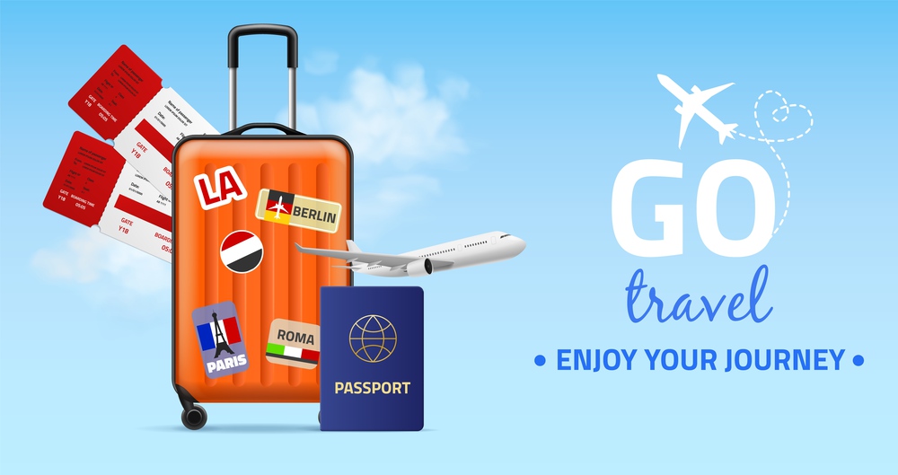 Travel banner. Realistic plastic luggage bag on wheels, two tickets, foreign passport and plane on blue sky background, journey and holiday trip poster, flights around world. Vector realistic concept. Travel banner. Realistic plastic luggage bag on wheels, two tickets, foreign passport and plane on blue sky, journey and holiday trip poster, flights around world. Vector realistic concept
