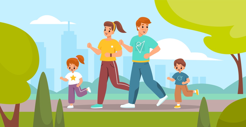 Outdoor sport activity. Happy family on park jogging, parents and children engaged running, mother father and kids fitness training, active leisure healthy lifestyle. Vector cartoon isolated concept. Outdoor sport activity. Happy family on park jogging, parents and children engaged running, mother father and kids fitness training, active leisure healthy lifestyle vector concept