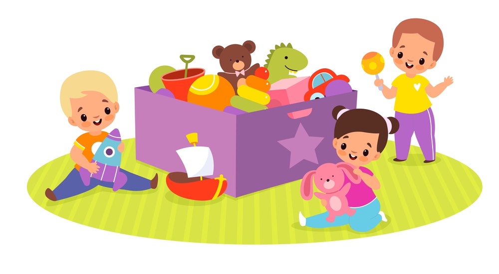 Kids play toys box. Happy children in game around big container with plush bear, ball and dinosaur, cute babies activities. Little boys and girl sitting on floor in kindergarten vector cartoon concept. Kids play toys box. Happy children in game around big container with plush bear, ball and dinosaur, cute babies activities. Little boys and girl sitting on floor vector cartoon concept