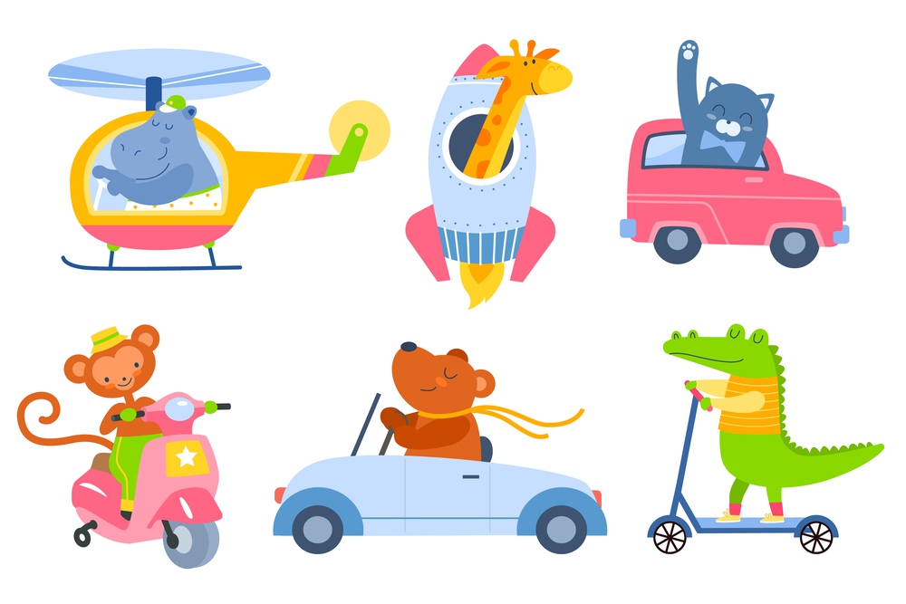 Animal transport. Cartoon kids zoo characters in different vehicles collection, cute fauna drivers in helicopter, rocket, ride scooter and car. Funny mammals travellers. Vector cartoon isolated set. Animal transport. Cartoon kids zoo characters in different vehicles, cute fauna drivers in helicopter, rocket, ride scooter and car. Funny mammals travellers. Vector cartoon isolated set