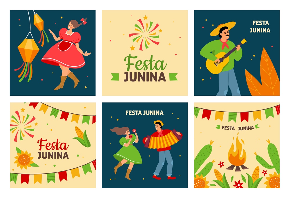 Festa junina. Traditional latin american fertility festival, dancing pueblos people with instruments in traditional costumes, village holiday fair. Festive square posters, vector cartoon cards set. Festa junina. Traditional latin american fertility festival, dancing pueblos people with instruments in traditional costumes, village holiday fair. Festive square posters vector cards set