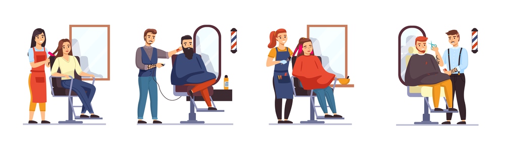 People in hair salon. Men and women in barbershop, professional stylists work with clients, guys and girls front mirrors, hairstyles creating, and bright coloring. Vector cartoon isolated scenes set. People in hair salon. Men and women in barbershop, professional stylists work with clients, guys and girls front mirrors, hairstyles creating, and bright coloring. Vector isolated set