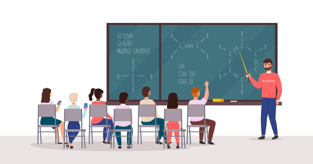 Students at lecture. Professor speaks in audience, listeners group on chairs back view board with chemical formulas, young people in university and college. Education vector flat style cartoon concept. Students at lecture. Professor speaks in audience, listeners group on chairs back view board with chemical formulas, young people in university and college. Education vector cartoon concept