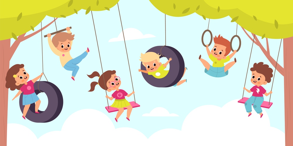 Rope swing. Happy cute children hang on swings under trees, outdoor kids games, little boys and girls altitude flying back and forth. Summer playground or game zone in park, vector cartoon concept. Rope swing. Happy cute children hang on swings, outdoor kids games, little boys and girls altitude flying back and forth. Summer playground or game zone in park, vector cartoon concept