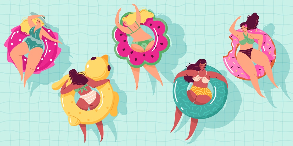 Women swim ring. Happy body positive girls floating in pool on inflatable circles, summer vacations in sea, ocean leisure time, relaxed people in water. Vector modern cartoon flat style isolated set. Women swim ring. Happy body positive girls floating in pool on inflatable circles, summer vacations in sea, ocean leisure time, relaxed people in water. Vector modern cartoon isolated set
