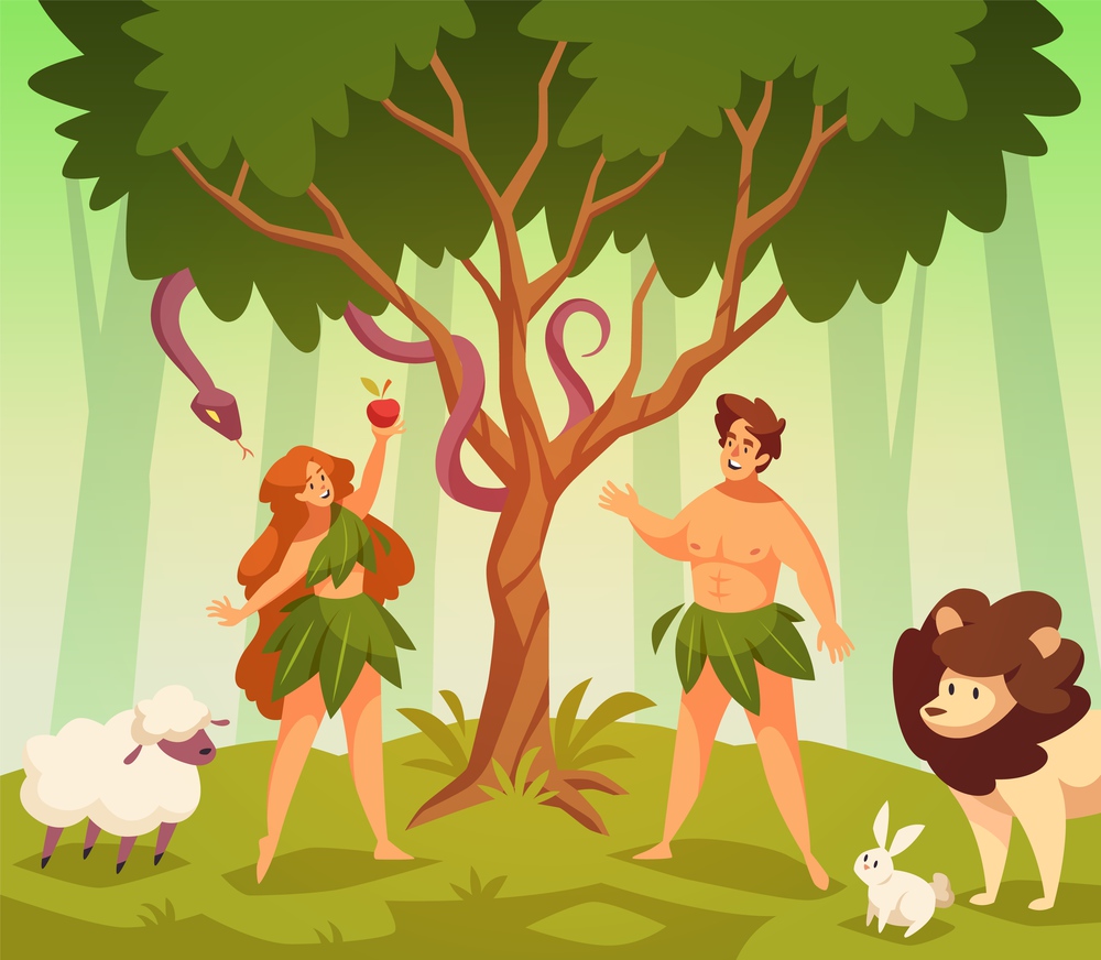 Adam and eve. Bible story scene first man and woman in garden eden, knowledge good and evil, animals, snake of temptation and apple. Couple stand under tree. Religion scene vector cartoon concept. Adam and eve. Bible story scene first man and woman in garden eden, knowledge good and evil, snake of temptation and apple. Couple stand under tree. Religion scene vector cartoon concept