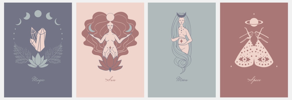 Boho posters. Mystic and mythology symbols. Cartoon drawing naked women with long loose hair. Astrology and occult signs. Collection of mystery cards and decorative symbolic elements, vector magic set. Boho posters. Mystic and mythology symbols. Cartoon naked women with long loose hair. Astrology and occult signs. Collection of mystery cards and decorative symbolic elements, vector set