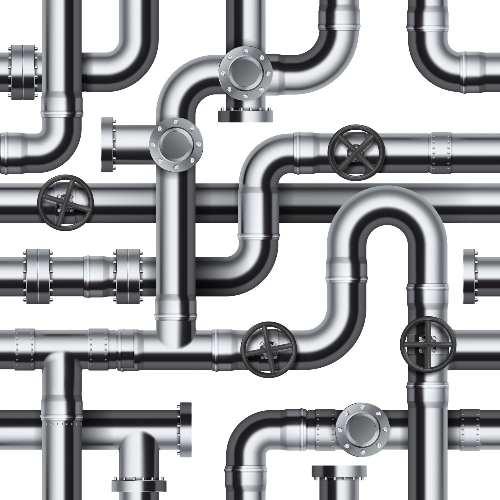Seamless pipeline pattern. Realistic water and gas engineering plumbing system. 3D glossy steel cylindrical tube constructions. Round valves and pipe connection with bolts. Vector industrial template. Seamless pipeline pattern. Realistic water and gas engineering plumbing system. 3D steel cylindrical tube constructions. Round valves and pipe connection with bolts, vector template