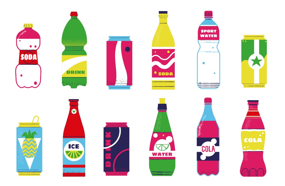 Soda bottles. Cartoon fizzy sweet drinks with juice flavors in glass and plastic containers. Metal cans for summer cold carbonated beverages. Supermarket products. Vector closed water packaging set. Soda bottles. Cartoon fizzy sweet drinks with juice flavors in glass and plastic containers. Metal cans for cold carbonated beverages. Supermarket products. Vector closed packaging set