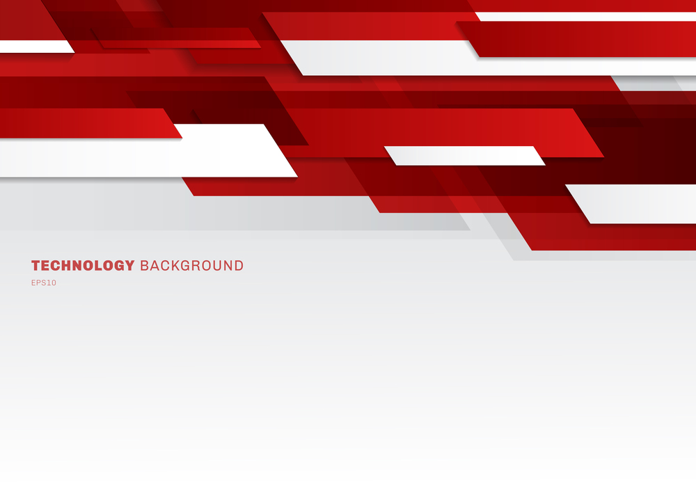 Abstract header red and white shiny geometric shapes overlapping moving technology futuristic style presentation background with copy space. Vector illustration