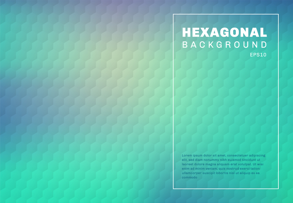 Abstract green mint and blue turquoise gradient blurred background with hexagon embossed pattern texture. You can use for template cover design brochure, poster, banner web, print, flyer, ad, etc. Vector illustration