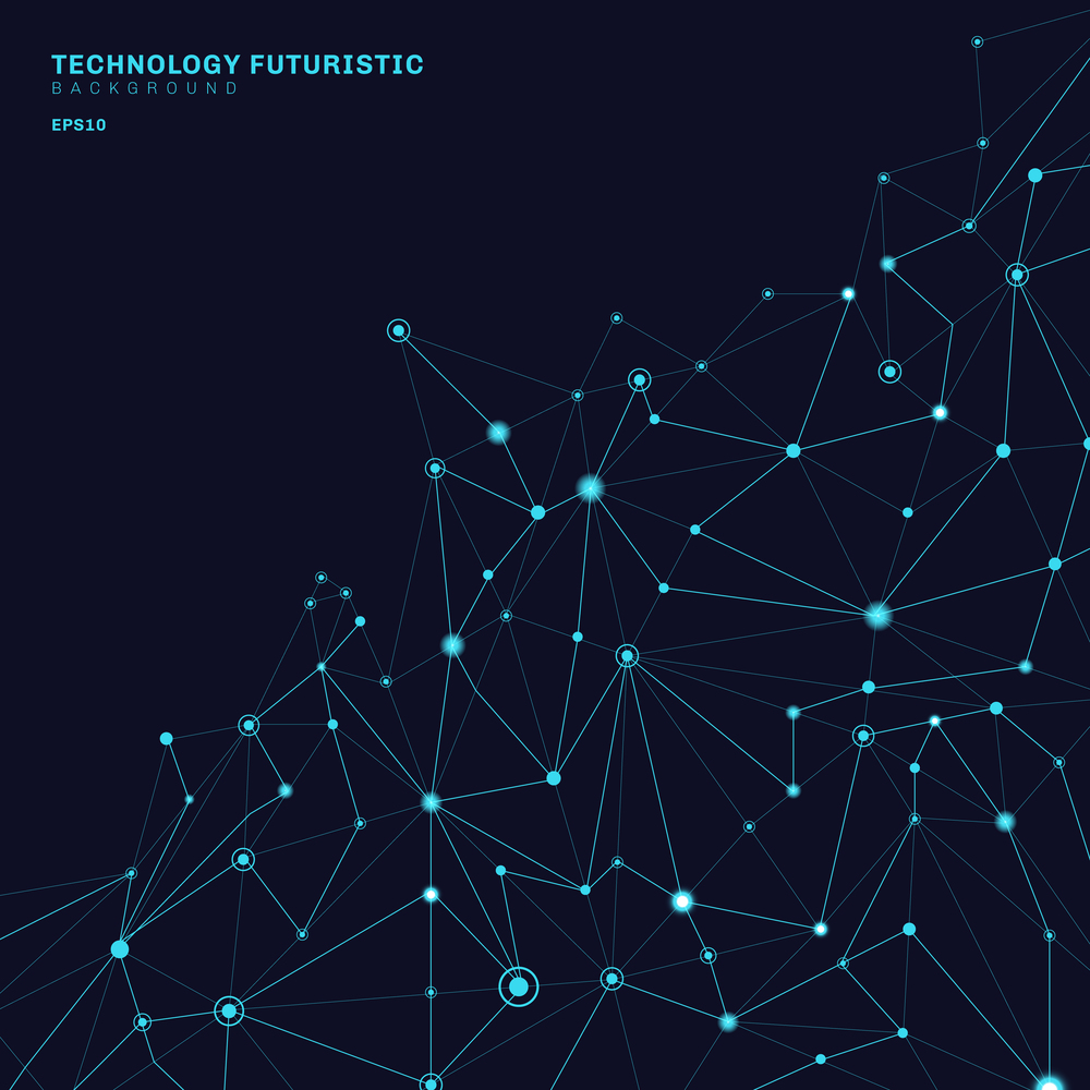 Abstract polygonal shapes on dark blue background consisting of lines and points in the form of planets and constellations technology concept. Digital internet connection. Vector illustration