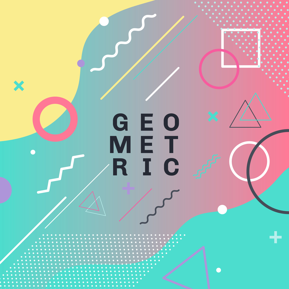 Abstract colorful geometric shapes and forms trendy fashion memphis style card design background. You can use for poster, brochure, layout, template or presentation. Vector illustration