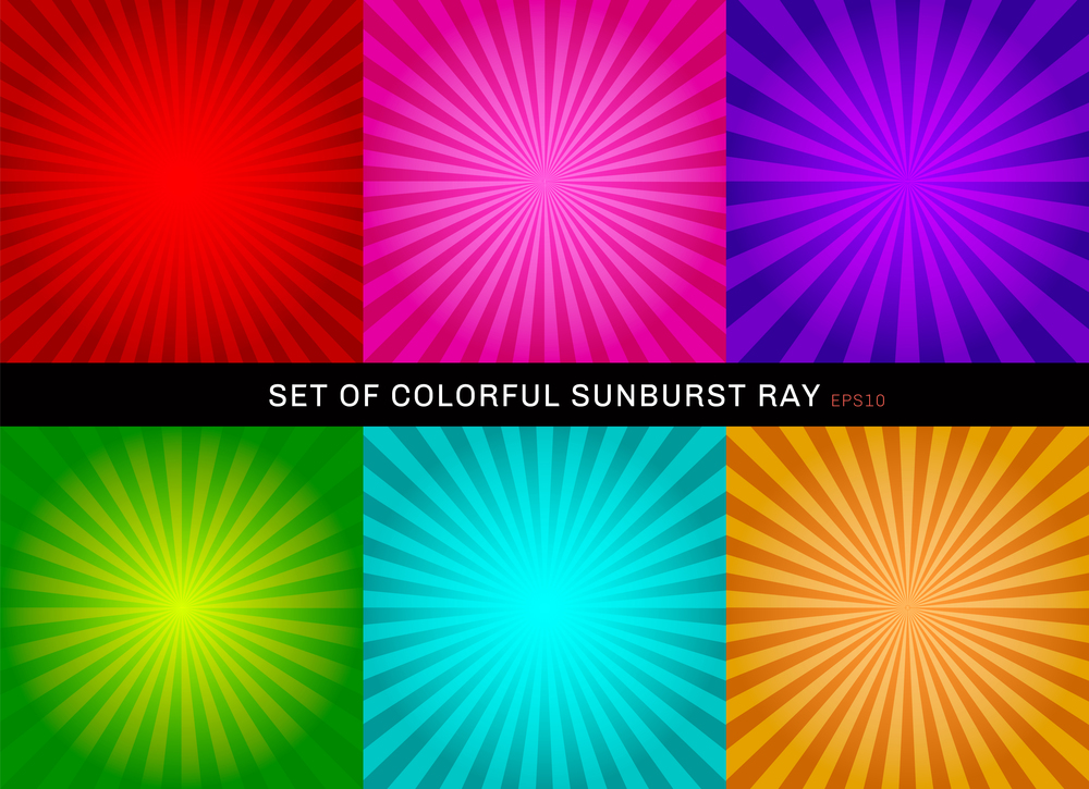 Set of retro shiny colorful starburst background. Collection of abstract sunburst radial red, pink, purple, green, blue, orange backgrounds. Vector illustration