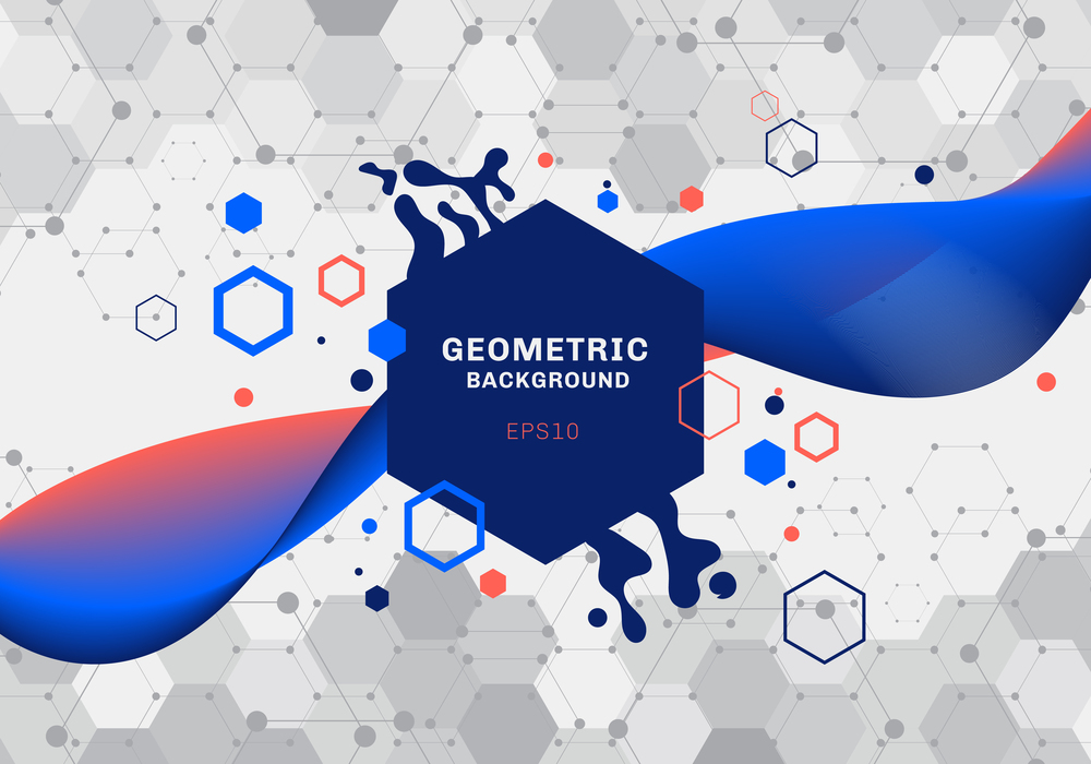 Abstract composition of geometric shapes and splash blue and orange hexagons pattern molecule with fluid gradient color flowing  on white background. Elements for design template modern communications, medicine, science and digital technology. Vector illustration