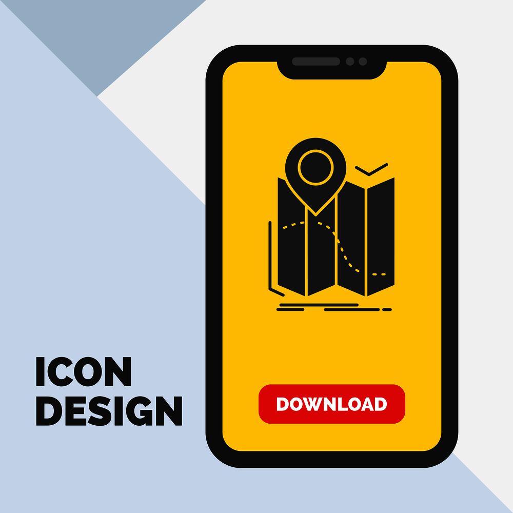 gps, location, map, navigation, route Glyph Icon in Mobile for Download Page. Yellow Background. Vector EPS10 Abstract Template background