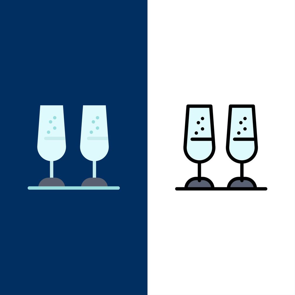 Celebration, Champagne Glasses, Cheers, Toasting  Icons. Flat and Line Filled Icon Set Vector Blue Background
