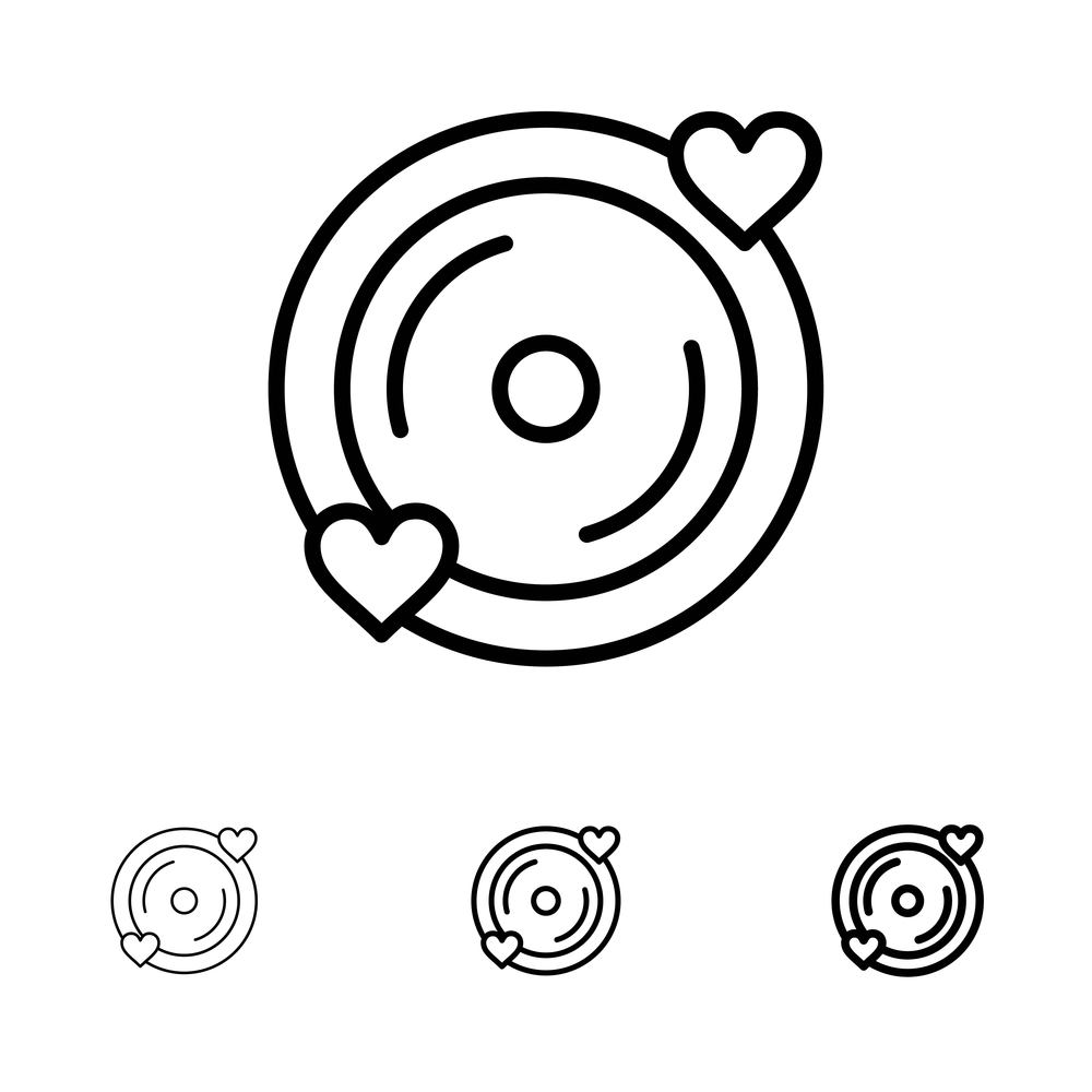 Disk, Love, Heart, Wedding Bold and thin black line icon set