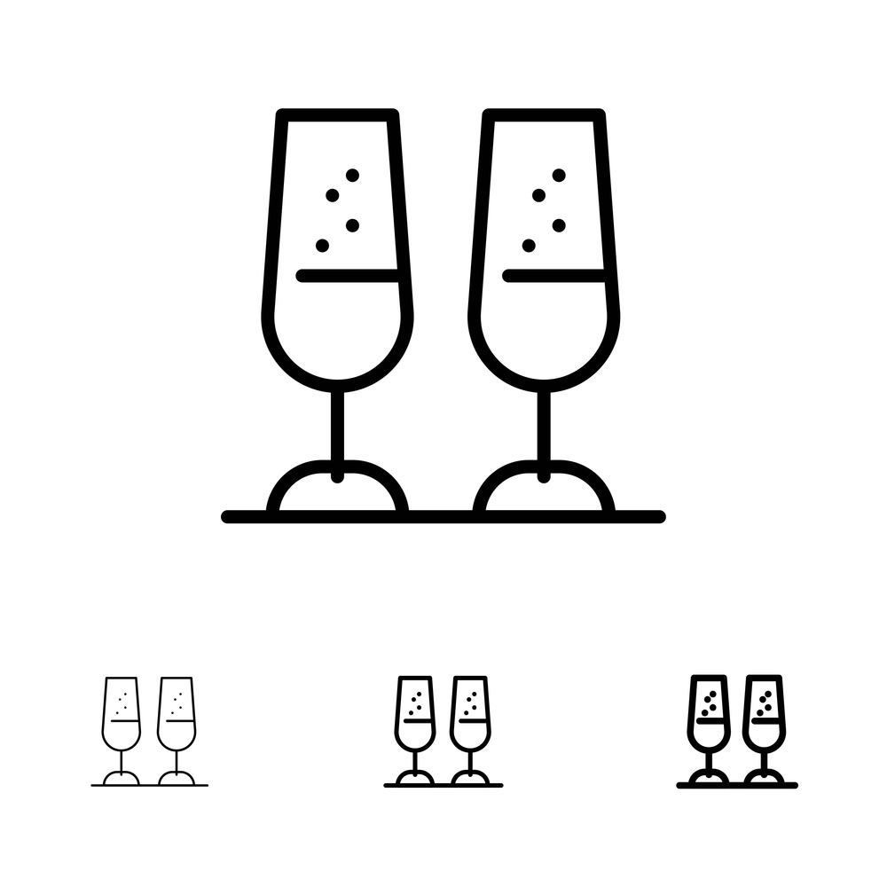 Celebration, Champagne Glasses, Cheers, Toasting Bold and thin black line icon set