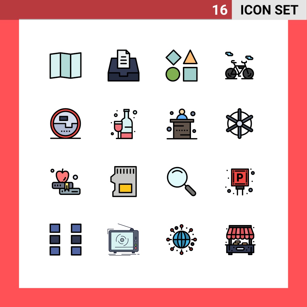 Pictogram Set of 16 Simple Flat Color Filled Lines of shopping, measuring, toy, energy, construction and tools Editable Creative Vector Design Elements