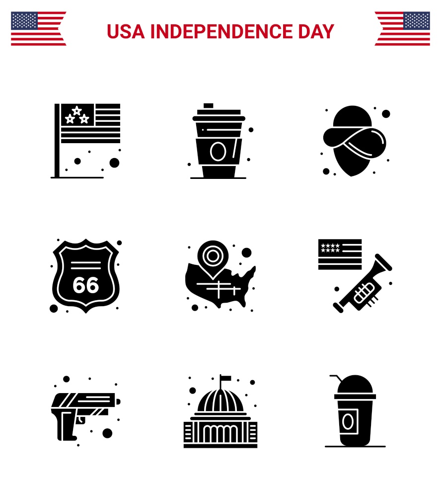 4th July USA Happy Independence Day Icon Symbols Group of 9 Modern Solid Glyphs of usa; map; usa; american; shield Editable USA Day Vector Design Elements