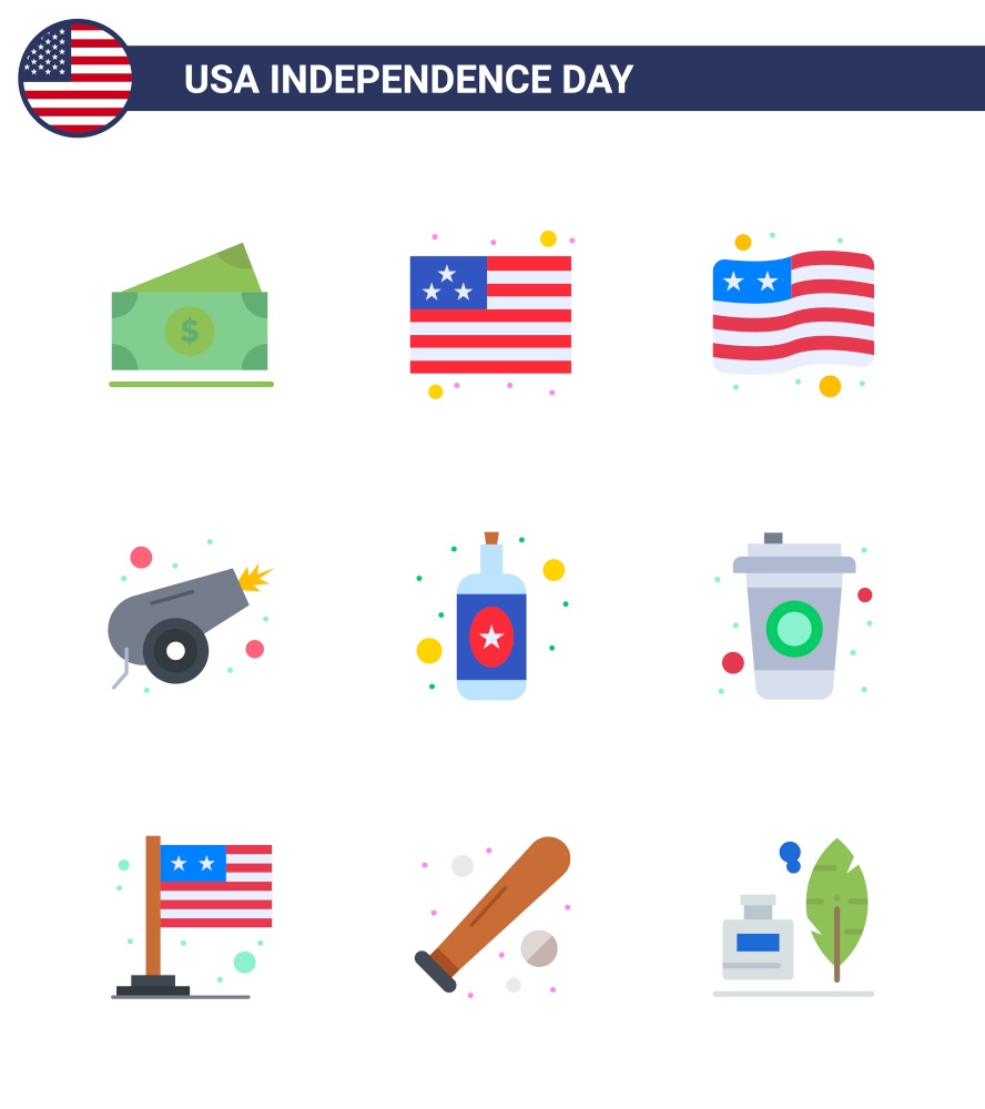 Happy Independence Day 9 Flats Icon Pack for Web and Print country; cola; canon; bottle; bottle Editable USA Day Vector Design Elements