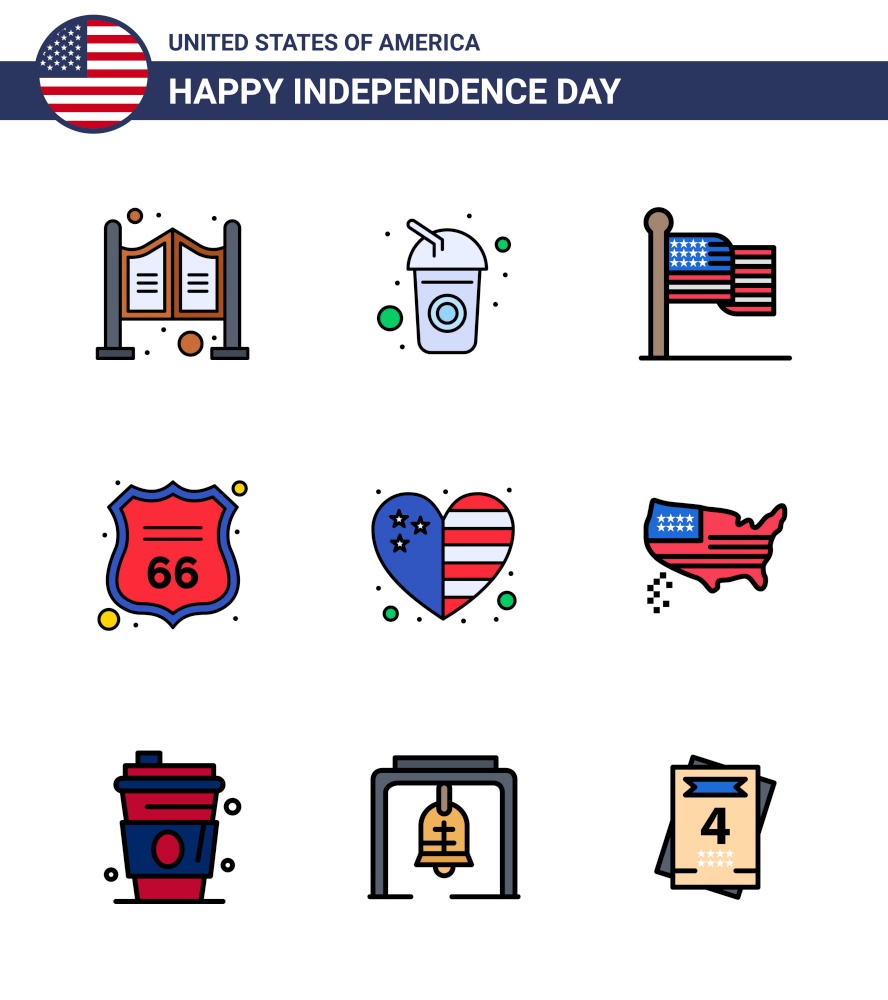 Happy Independence Day 9 Flat Filled Lines Icon Pack for Web and Print country; american; american; sign; security Editable USA Day Vector Design Elements