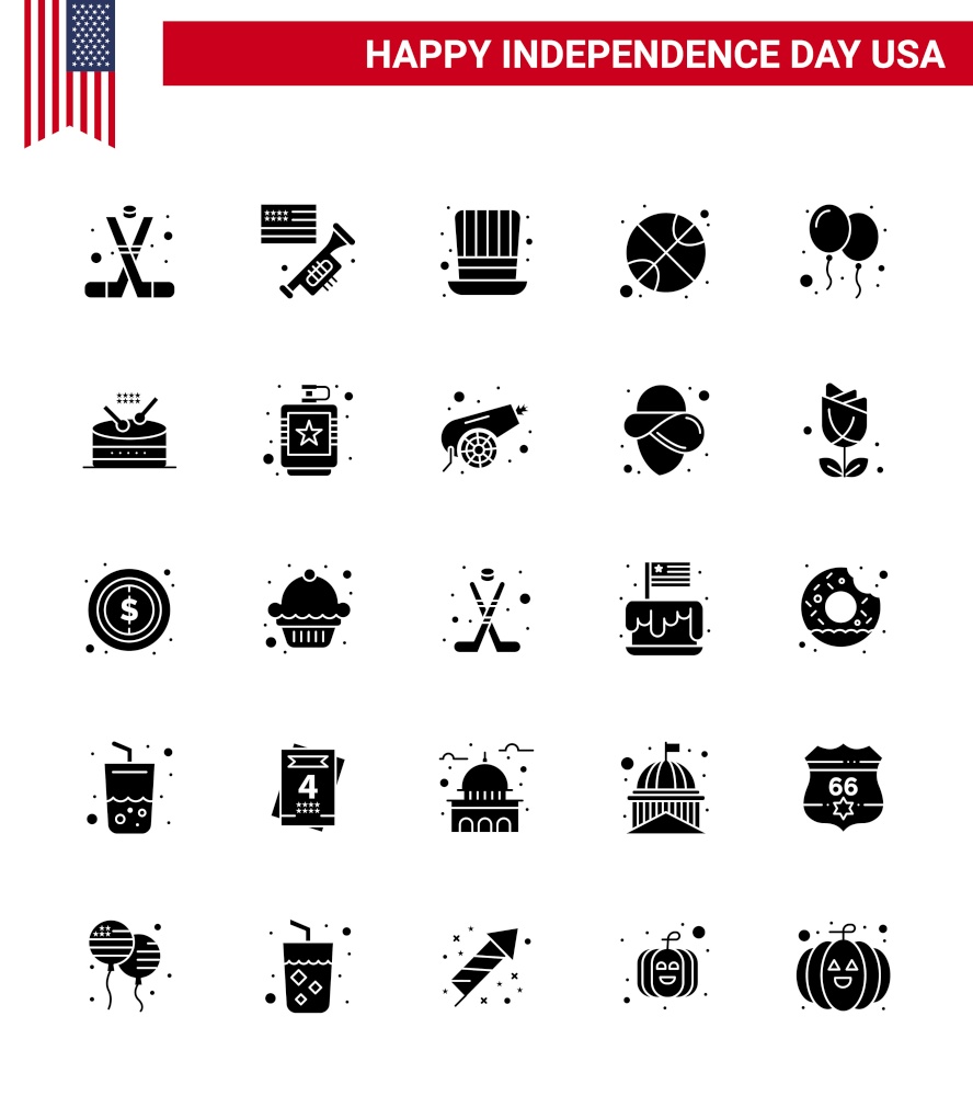 25 USA Solid Glyph Signs Independence Day Celebration Symbols of balloons; sports; american; ball; usa Editable USA Day Vector Design Elements