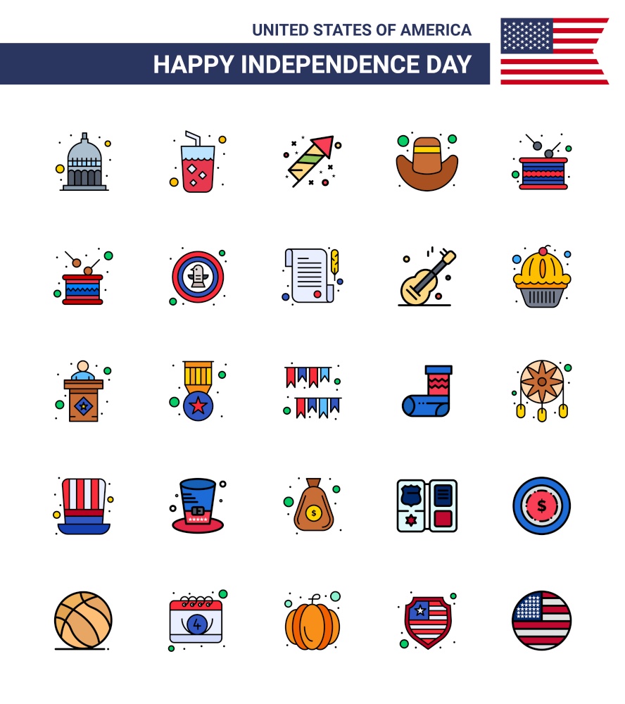 Happy Independence Day 4th July Set of 25 Flat Filled Lines American Pictograph of holiday; day; celebration; hat; american Editable USA Day Vector Design Elements