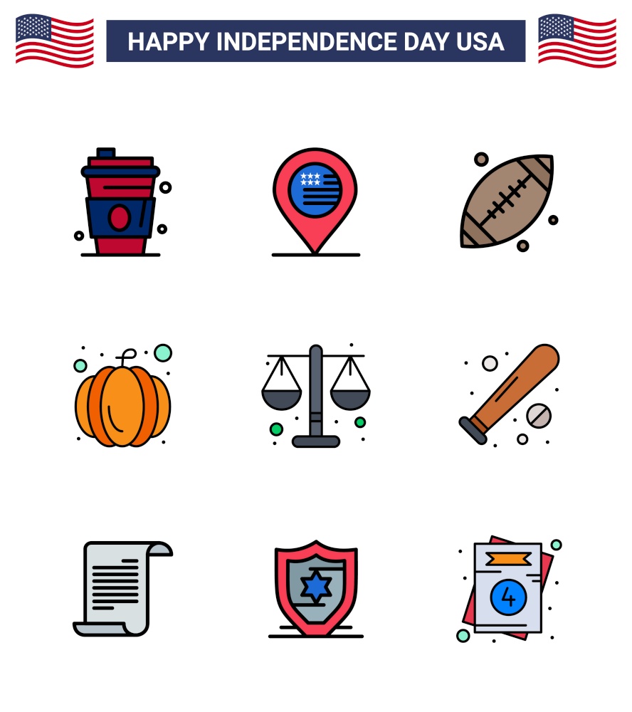 Big Pack of 9 USA Happy Independence Day USA Vector Flat Filled Lines and Editable Symbols of law; court; ball; usa festival; american Editable USA Day Vector Design Elements