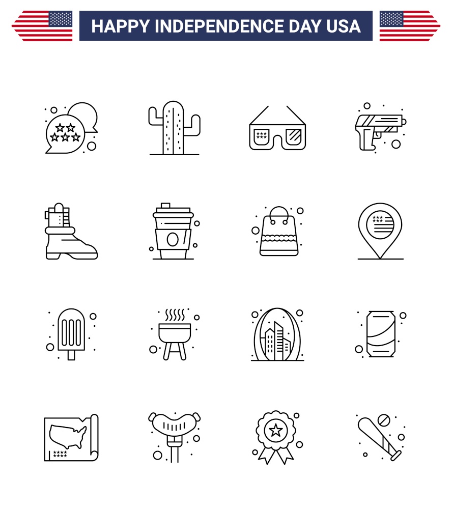 Pack of 16 USA Independence Day Celebration Lines Signs and 4th July Symbols such as boot; weapon; sunglasses; army; gun Editable USA Day Vector Design Elements