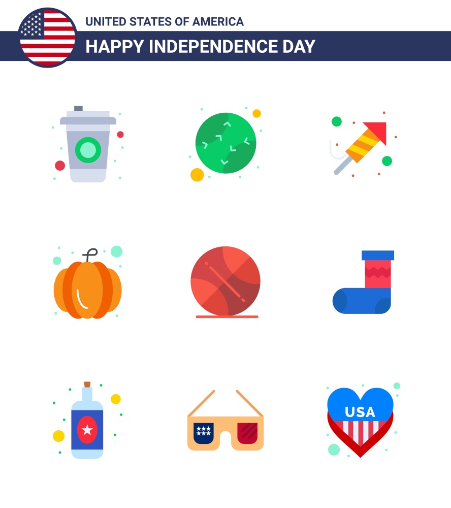 Pack of 9 creative USA Independence Day related Flats of usa; ball; religion; backetball; pumpkin Editable USA Day Vector Design Elements