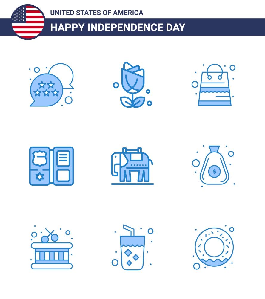 Happy Independence Day Pack of 9 Blues Signs and Symbols for american; star; bag; american; book Editable USA Day Vector Design Elements