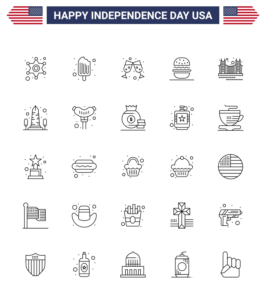 Set of 25 USA Day Icons American Symbols Independence Day Signs for golden; bridge; beer; usa; eat Editable USA Day Vector Design Elements