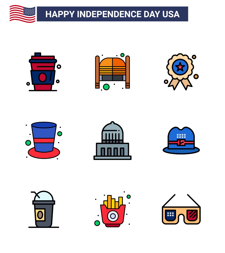 9 Creative USA Icons Modern Independence Signs and 4th July Symbols of building; hat; entrance; cap; medal Editable USA Day Vector Design Elements