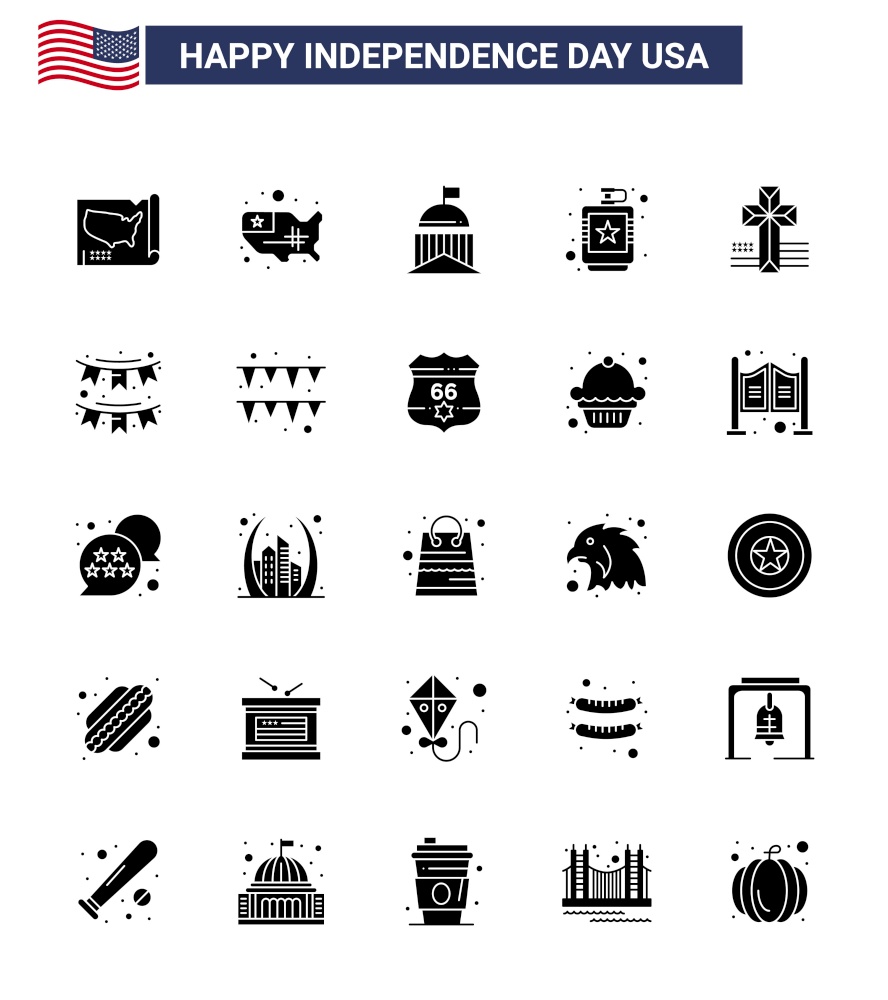 Editable Vector Solid Glyph Pack of USA Day 25 Simple Solid Glyph of american; cross; irish; american; hip Editable USA Day Vector Design Elements