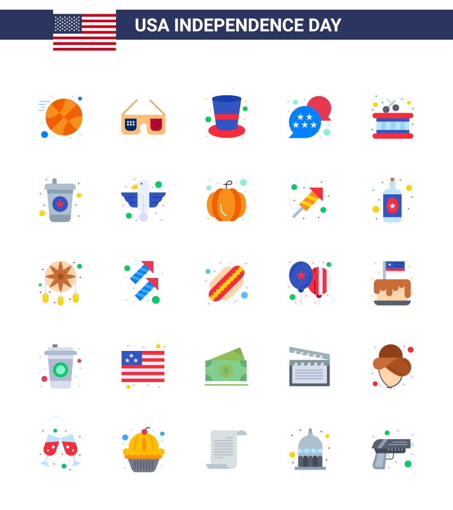 Happy Independence Day USA Pack of 25 Creative Flats of sticks; drum; cap; chat bubble; usa Editable USA Day Vector Design Elements