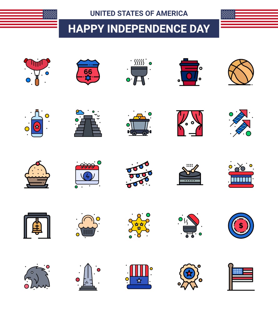 Happy Independence Day USA Pack of 25 Creative Flat Filled Lines of usa; ball; bbq; football; juice Editable USA Day Vector Design Elements