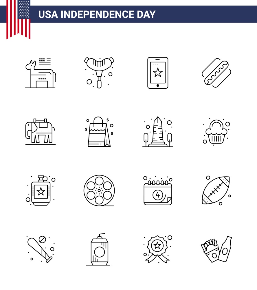 4th July USA Happy Independence Day Icon Symbols Group of 16 Modern Lines of usa; elephent; phone; states; american Editable USA Day Vector Design Elements